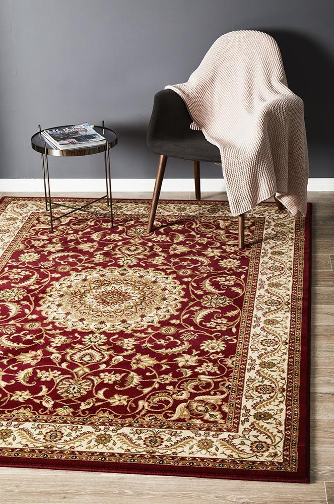 Sydney Collection Medallion Rug Red With Ivory Border